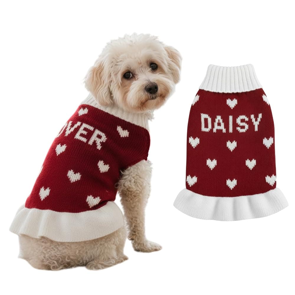 Personalized Dog Sweater with Name, Custom Knitted Dog Sweater for Small Dogs and Cats, Heart Pattern Puppy Sweater, Warm Winter Pet Clothes, Soft Knit Pullover Sweater for Holiday Outfit