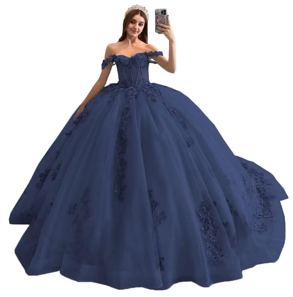 KISKEZ - Vestidos de quinceañera con hombros descubiertos con tren de barrido, vestido dulce de 16 años, fiesta de cumpleaños, fiesta de graduación, vestido de novia, Azul marino, 16 Plus