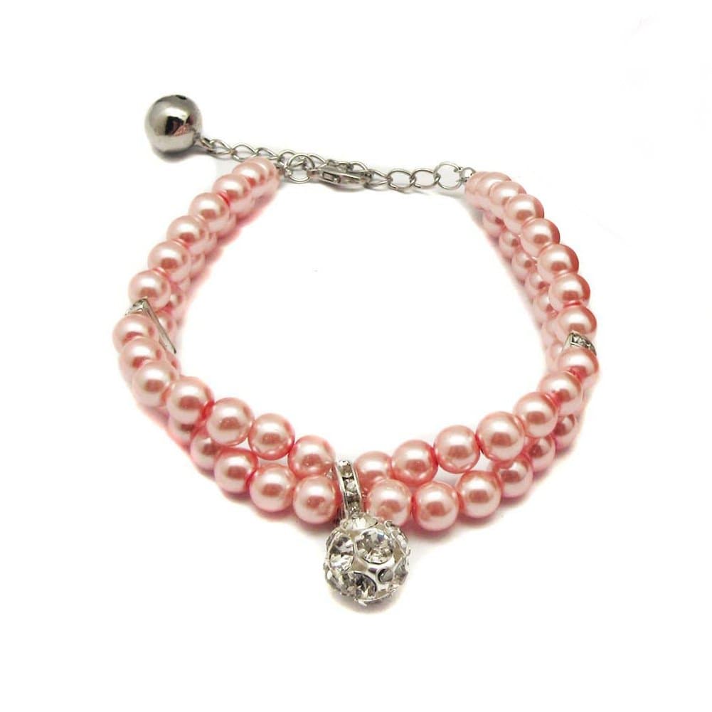PETFAVORITES Luxury 2 Row Pearls Rhinestones Pet Cat Dog Necklace Collar Jewelry with Bling Crystal Ball Charm for Pets Cats Small Dogs Female Puppy Chihuahua Yorkie Girls (Pink, 8 to 10-Inch)