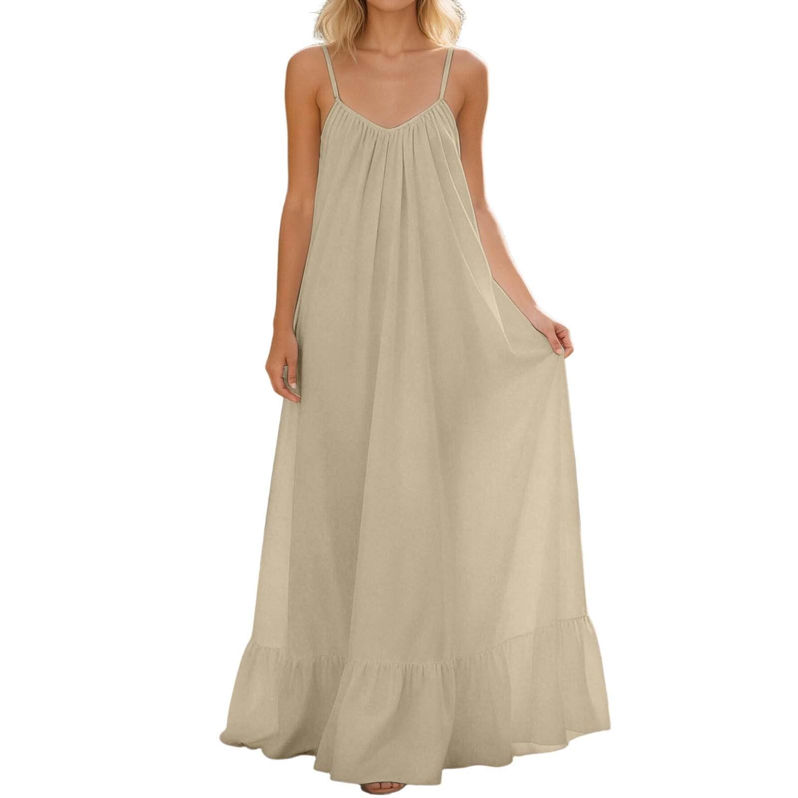 WWPPAION Low Back Dress for Women Backless Cami Dresses Summer Lounge Solid Color Sleeveless Long Sundresses with Back Tie, 2-beige, X-Large