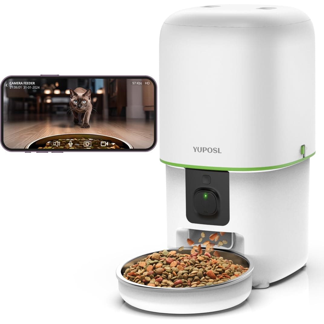 Yuposl Automatic Cat Feeder with Camera, 5G WiFi Cat Food Dispenser App Control 1080 HD Video with Night Vision, 4L Automatic Dog Feeder, Desiccant to Keep Dry Food Fresh, White