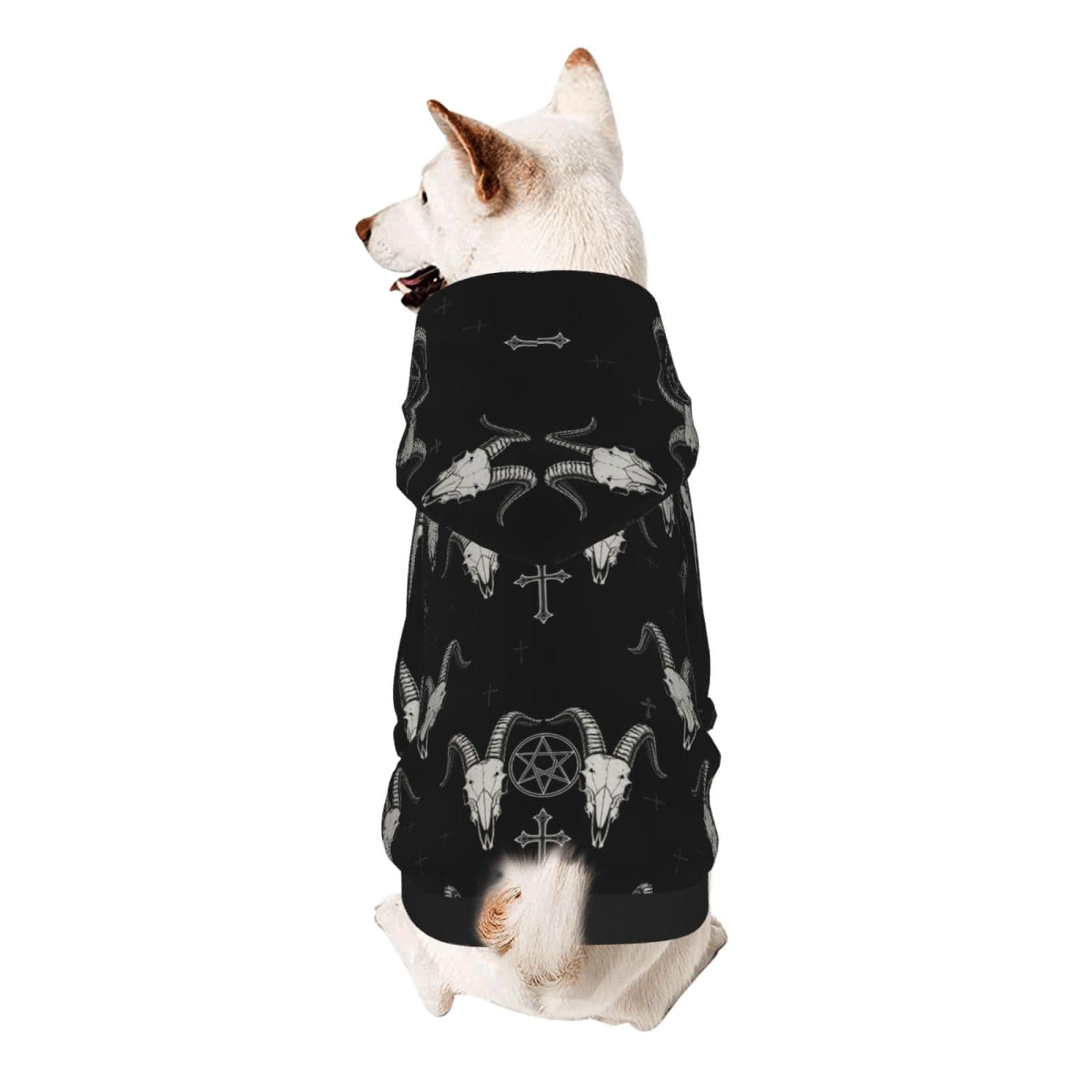 MZERSE Small Dog Sweater Hooded Winter Clothes Gothic Occult Satan Penta Symbol Skull Shirts with Pocket, Cute Pullover Pet Sweater for Holiday, Medium
