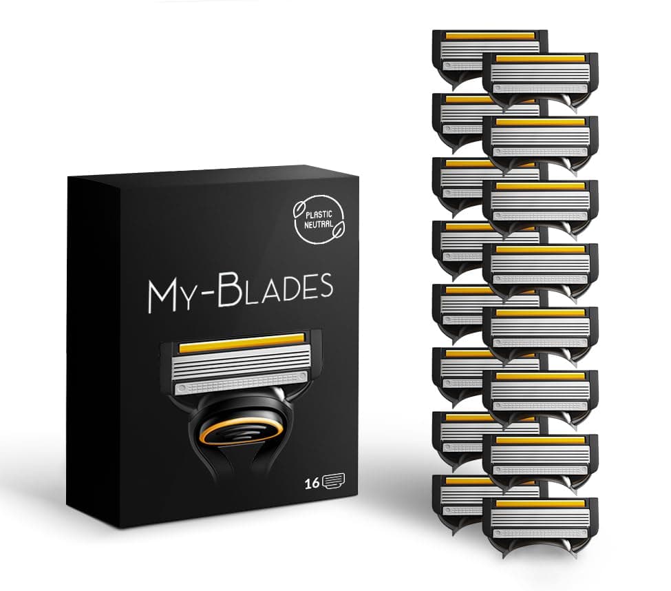 Razor Blades Compatible with Gillette Fusion 5, My-Blades 16 Replacement Blades with 5 Blades Low Plastic and Environmentally Friendly with Platinum Coating and Lubricating Strips