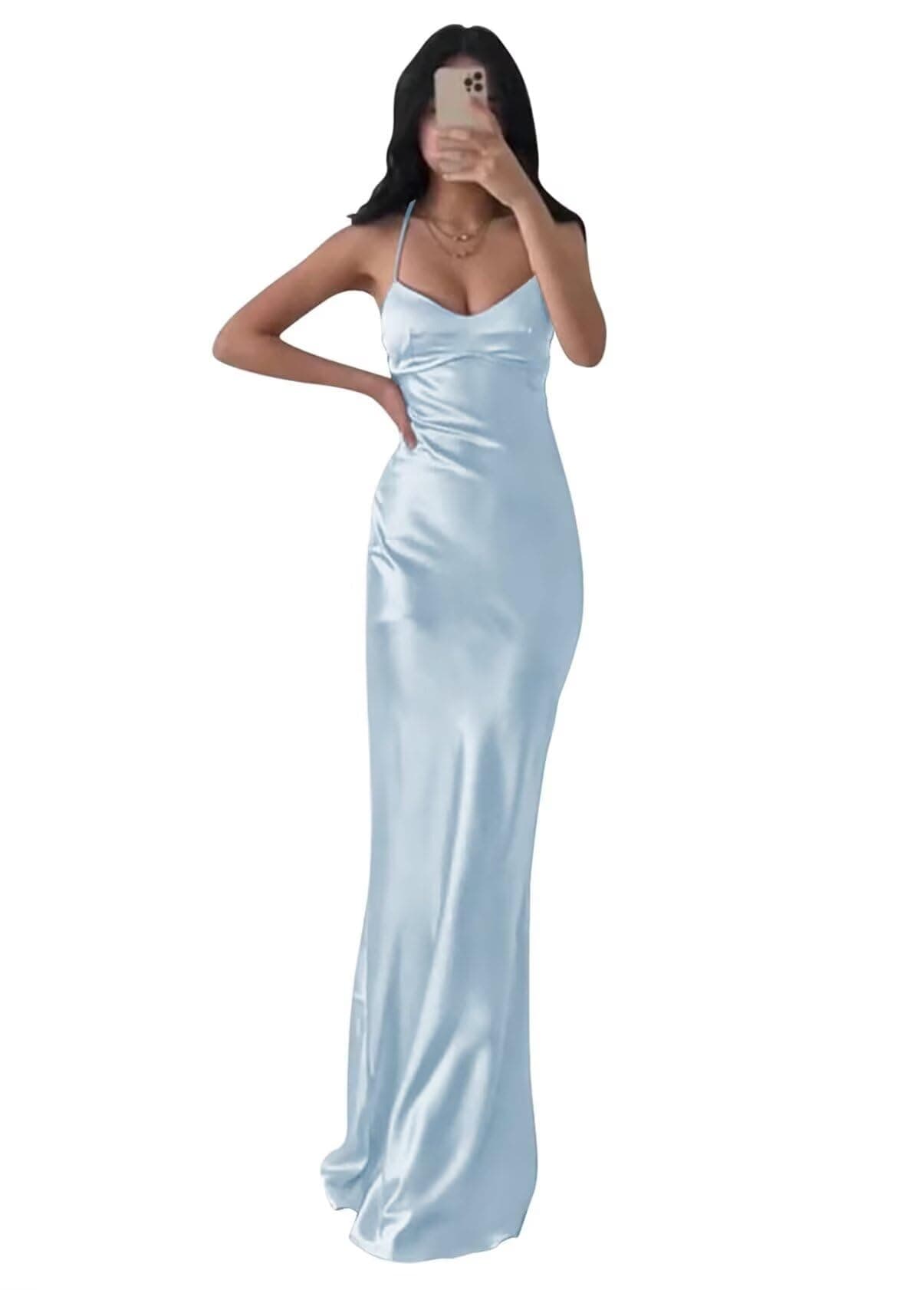 selebi Spaghetti Straps Satin Prom Dresses Mermaid Backless Formal Evening Party Dresses Sweetheart Long Ball Gowns, Light Blue, 6