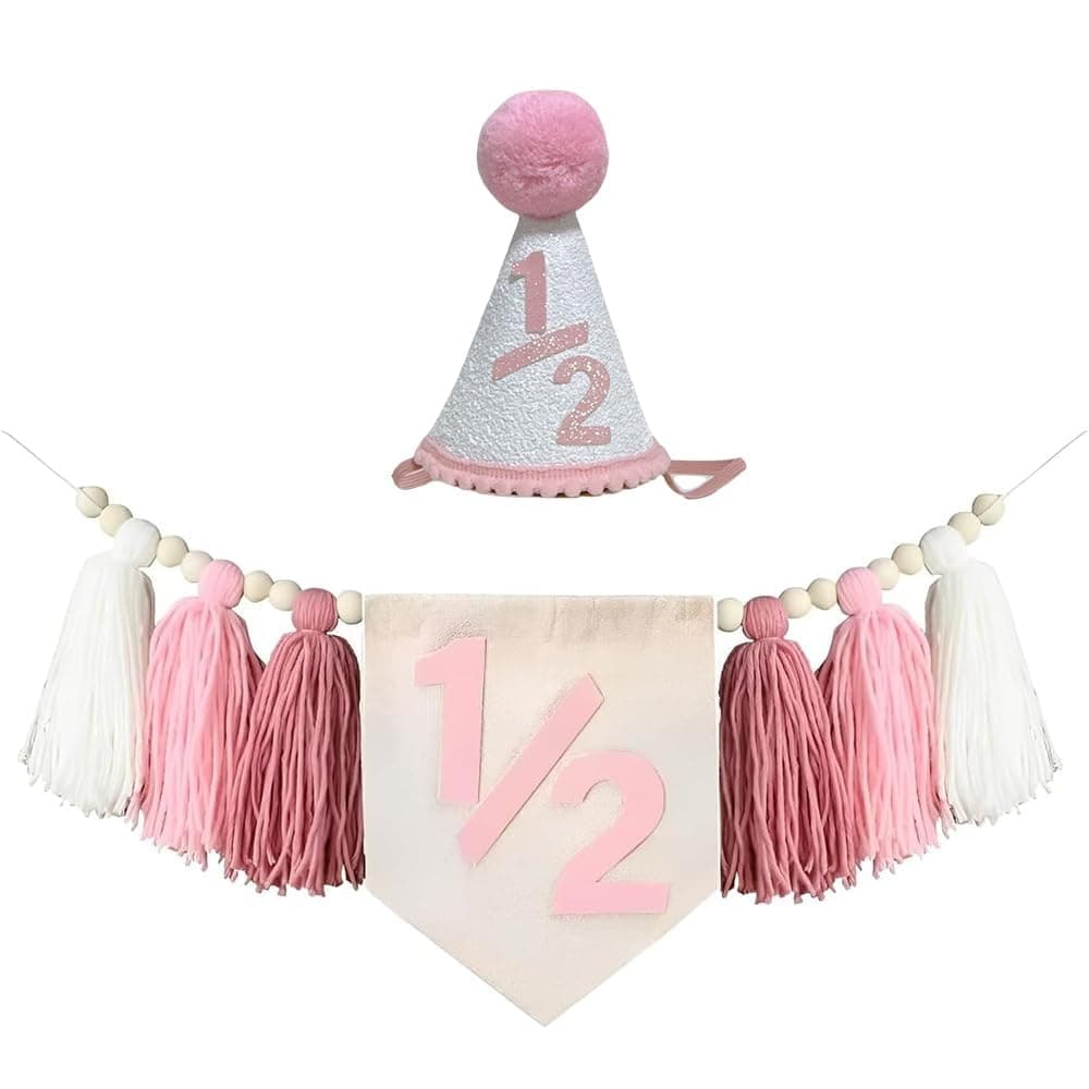 Pink 1/2 High Chair Banner with 1//2 Birthday Cone Hat for 6 Month Baby Girl Half Birthday Party Decoration
