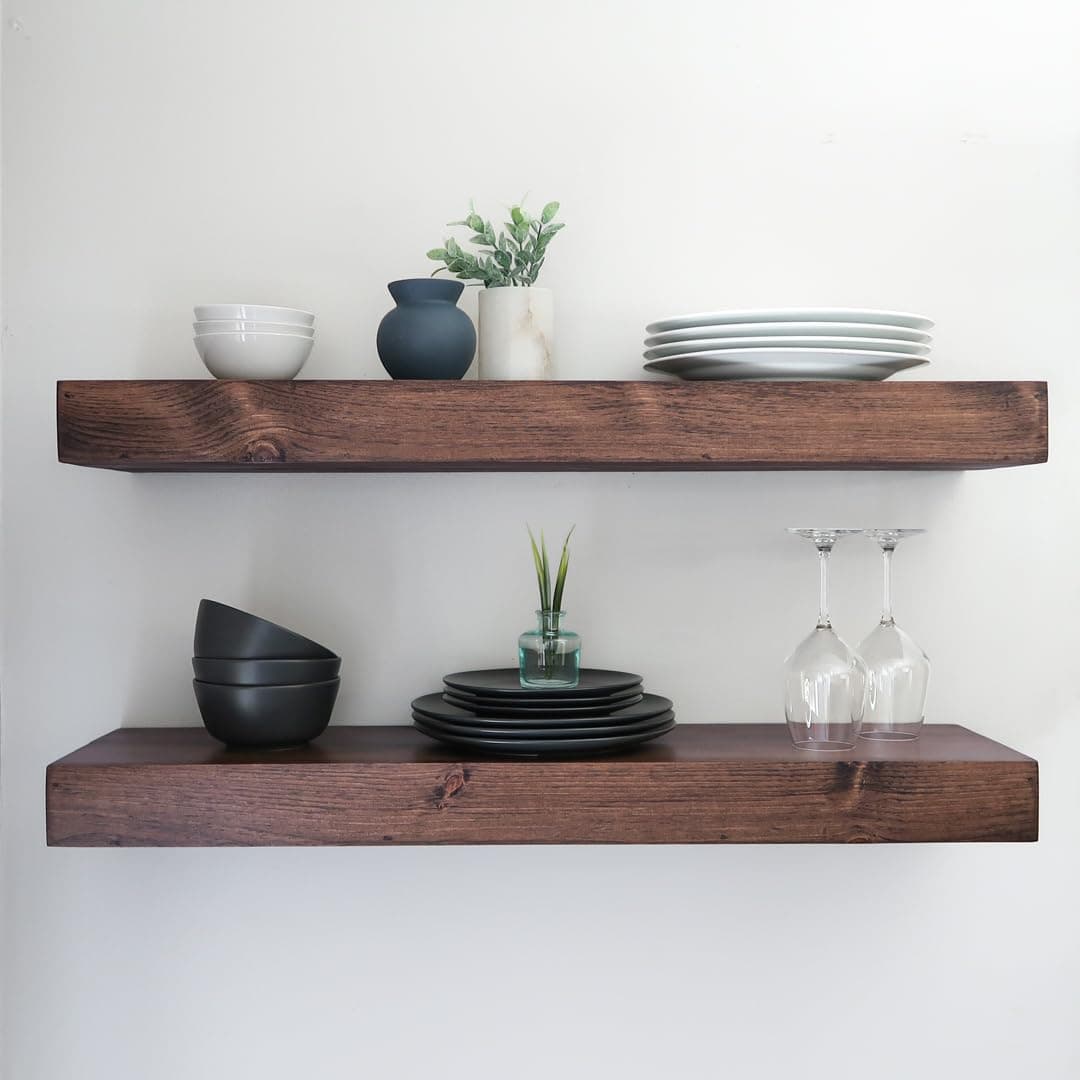 Urbandi Modern Floating Shelves 3 Inches Thick for Wall, Wide Shelves for Kitchen, Living Room, Bedroom, and Bathroom, Natural Pine Wood, Rustic Wooden Shelf, (Set of 2) (Provincial, 36Lx3Hx8D)