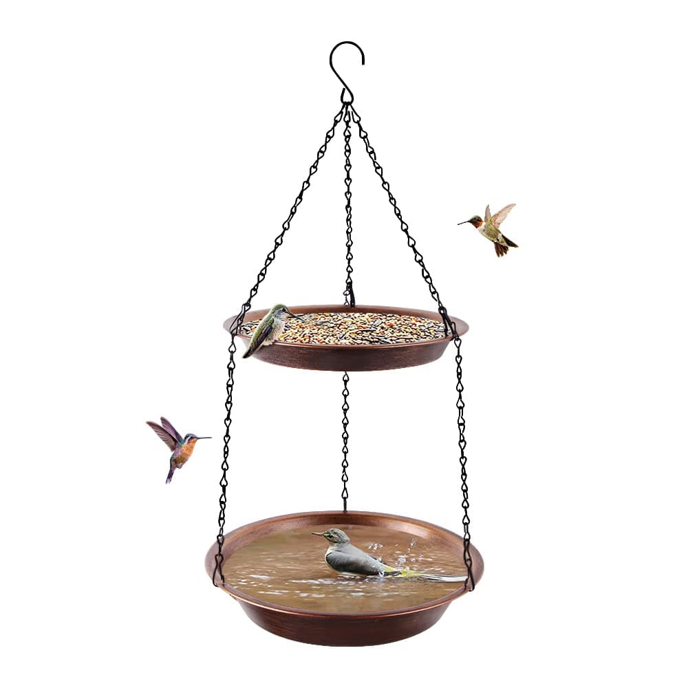 Hanging Bird Bath for Outdoor, 2-in-1 Antique Copper Metal Bird Feeder&Birdbath Bowls with 23" Rust-Proof Black Chains Backyard Birdbath Garden Decor