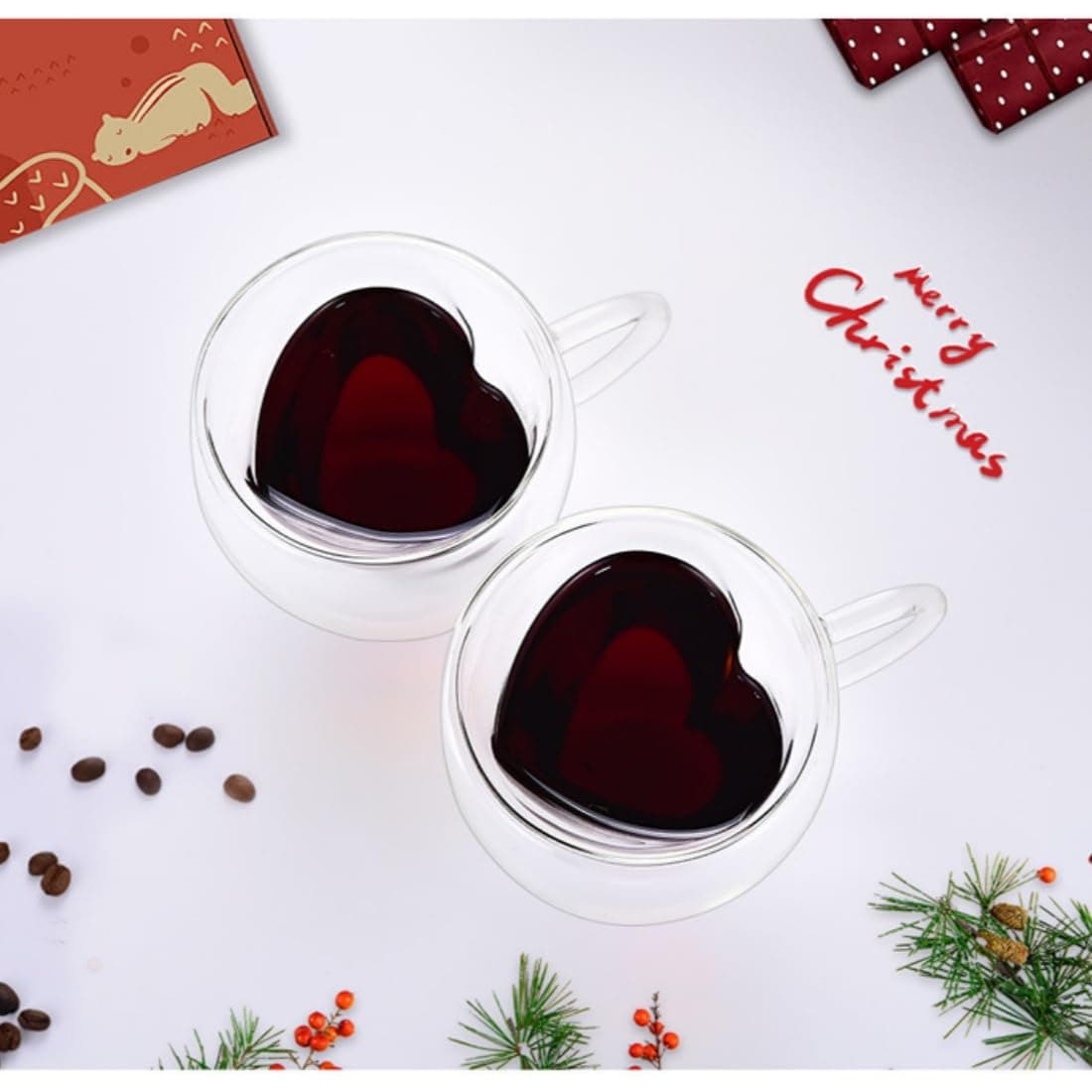 NUONUOPING Double Walled Heart-Shaped Glass Coffee Cup 5.3OZ, with Handle, Spoon, Insulated Transparent Tea Cup, Unique Coffee, Cappuccino, Latte, Milk Glass Espresso Cup,Set of 2,