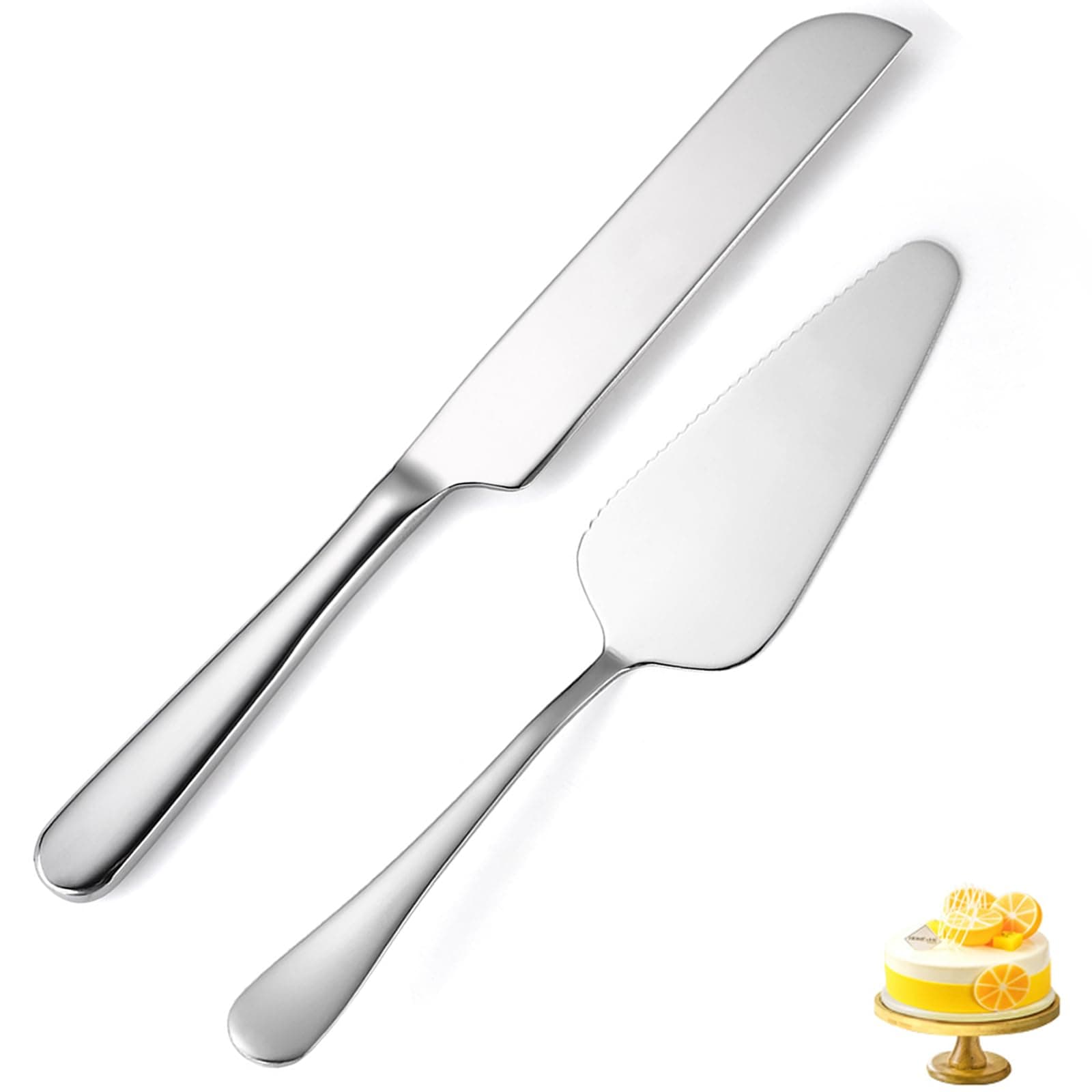 tiokin Wedding Cake Knife and Server Set Silver, Stainless Steel Cake Cutting Set, 2Pcs Include Cake Cutter and Cake Server for Wedding, Birthday, Parties and Anniversary, Dishwasher Safe