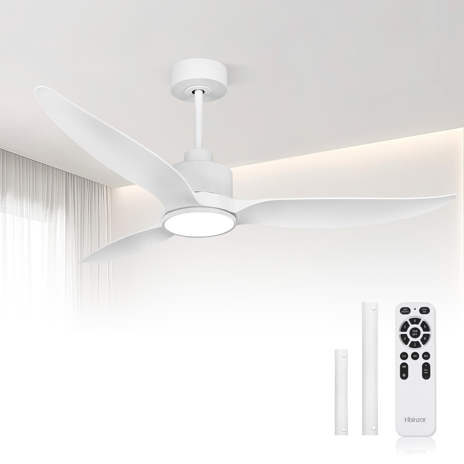 Hbinzar 52 Inch Quiet White Ceiling Fan with Lights and Remote, Morden 3 Blades Large Airflow Ceiling Fan, Dimmable LED Light for Bedroom, Living Room