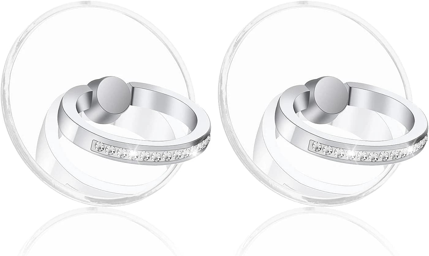 2pcs Diamond Phone Ring Stand Holder，Round Transparent Phone Ring Kickstand，360 Degree Rotation Finger Grip Compatible with All Smartphones，Tablet and Case