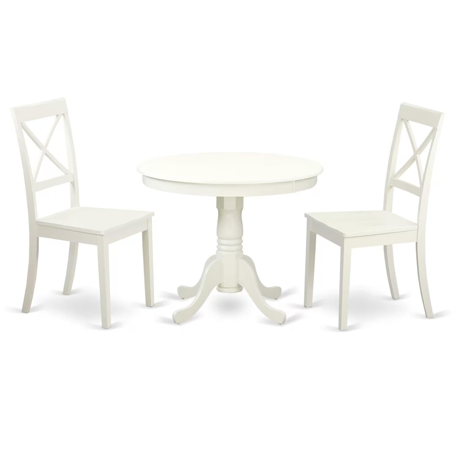 East West Furniture ANBO3-LWH-W 3 Piece Kitchen Table & Chairs Set Contains a Round Dining Room Table with Pedestal and 2 Solid Wood Seat Chairs, 36x36 Inch, Linen White
