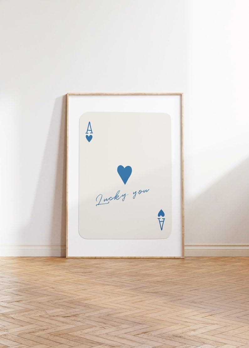 OZCONO Blue Ace of Hearts Wall Art, “Lucky You” Quote Print, Retro Playing Card Poster, Trendy Modern Home Decor (Unframed) (11x14)