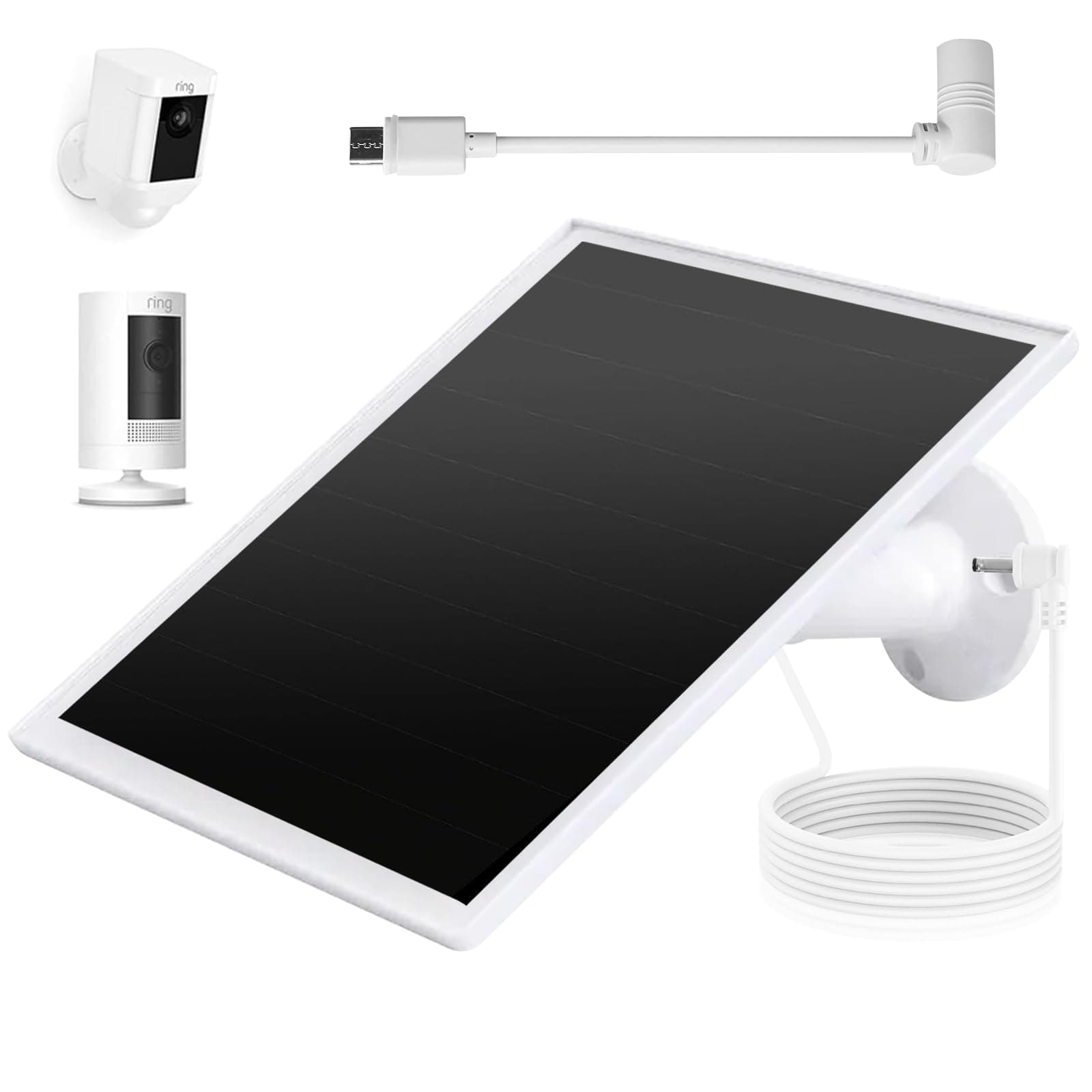 Ring Camera Solar Panel, 5W Solar Charger Compatible with Rings Spotlight Plus/Pro, Stick Up Outdoor Cam Battery, 10ft Long Cable with Ring Barrel Plug to USB-C Adapter (1, White)