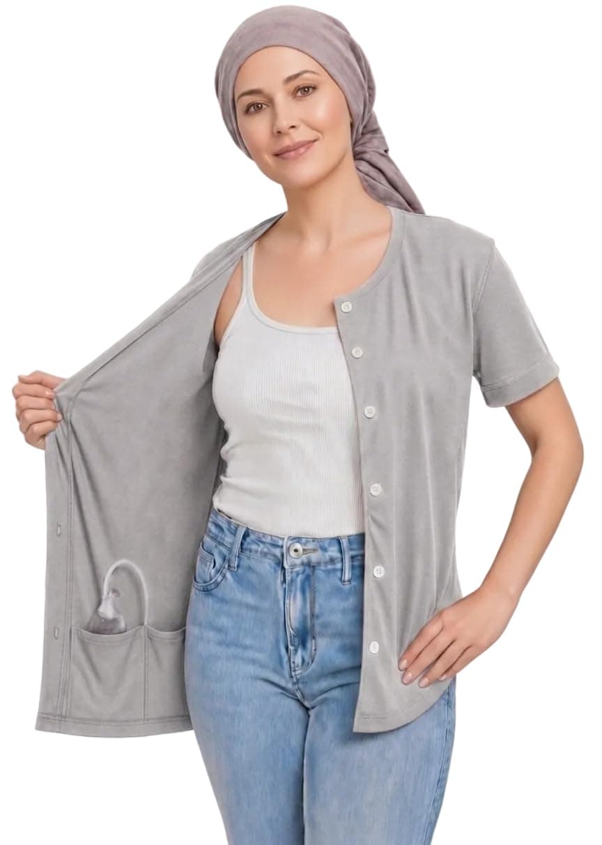 USBD Crew Neck Post Mastectomy Shirt with Drain Pockets - Recovery Wear, Women's Post-Op Support Black, Large