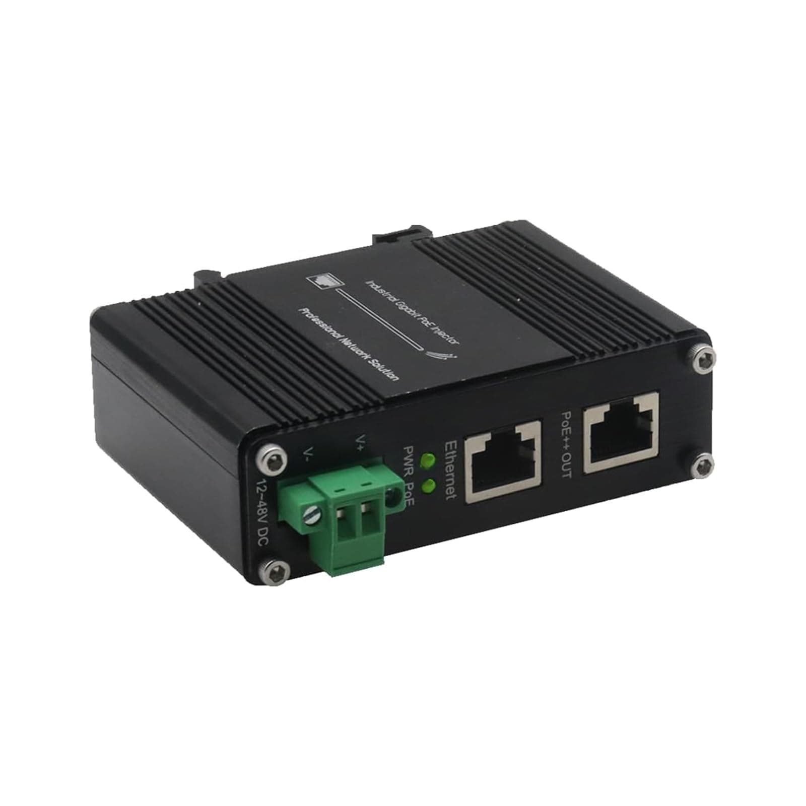 Industrial 95W Gigabit PoE++ Injector, IEEE 802.3bt/at/af Compliant Power Over Ethernet Adapter, 12-48V DC Wide Voltage Input, IP40 Hardened Housing, DIN Rail & Wall Mountable