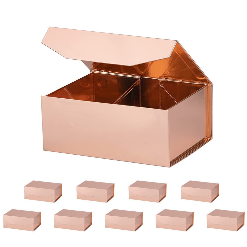 OBMMIRAO 10 Small Rose Gold Gift Boxes 9.5x7x4 Inches, Magnetic Gift Box with Lid for Gift Packaging, Wholesale gift boxes for Presents, Bridesmaid Proposal Boxes (Glossy Rose Gold, 10pcs/pack)