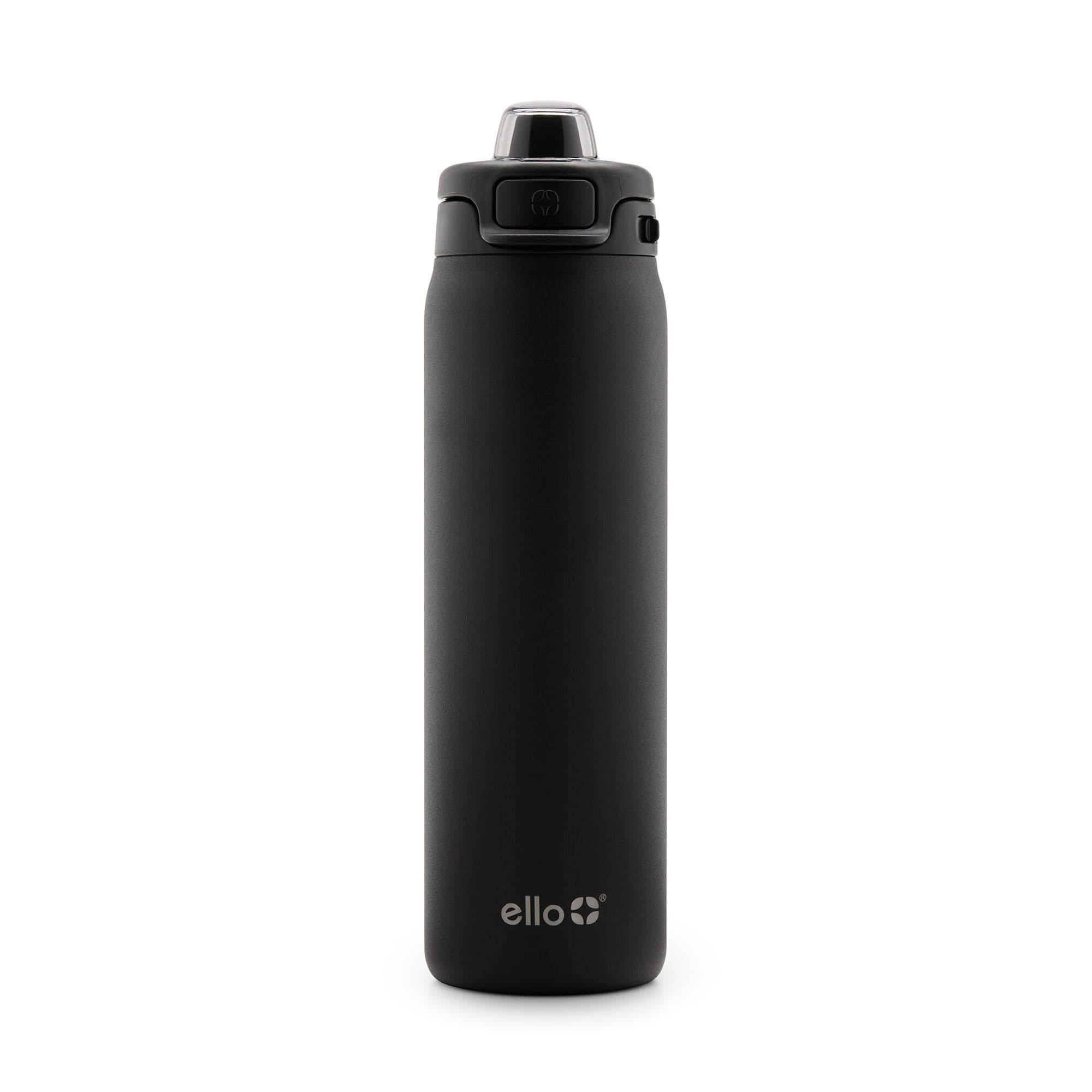 Ello Pop & Fill 22oz Stainless Steel Water Bottle with QuickFill Technology, Double Walled and Vacuum Insulated Metal, Leak Proof Locking Lid, Straw and Chug, Reusable, BPA Free, Black