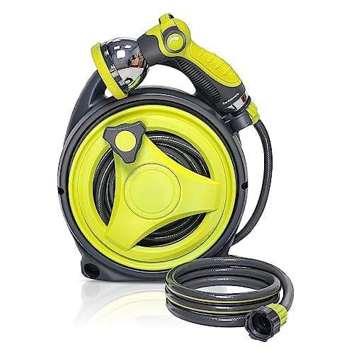 YASHINE 50ft Retractable Garden Hose Reel, Portable Simple Home Hose Reel, 45+5FT with 10 Patterns Spray Nozzle, Adapts to Standard US Hose Plugs, for Garden Watering Car Washing Pet -Green