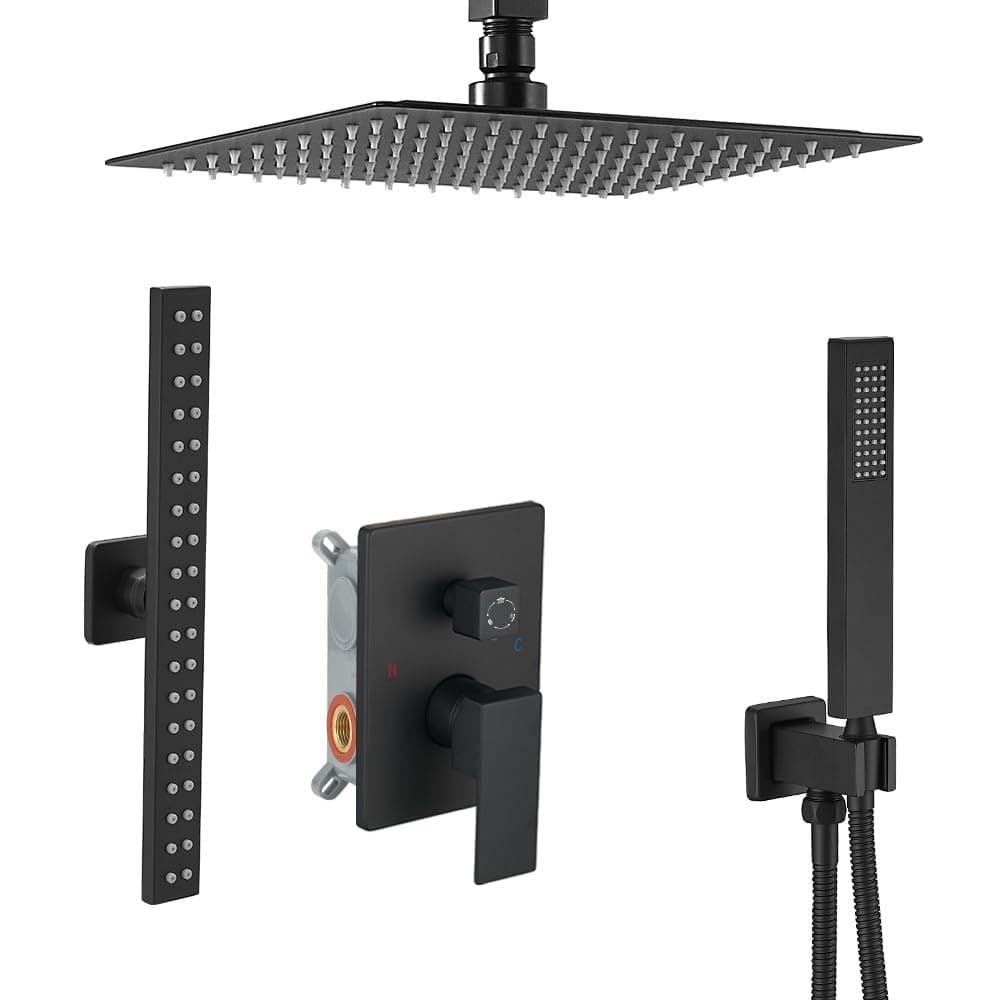 HXYHS Matte Black High Pressure Shower Faucet Set with Extended Rectangular Body Spray Jet 10 Inch Ceiling Mount Shower Head Handheld Shower Combo Set with Rough-in Valve