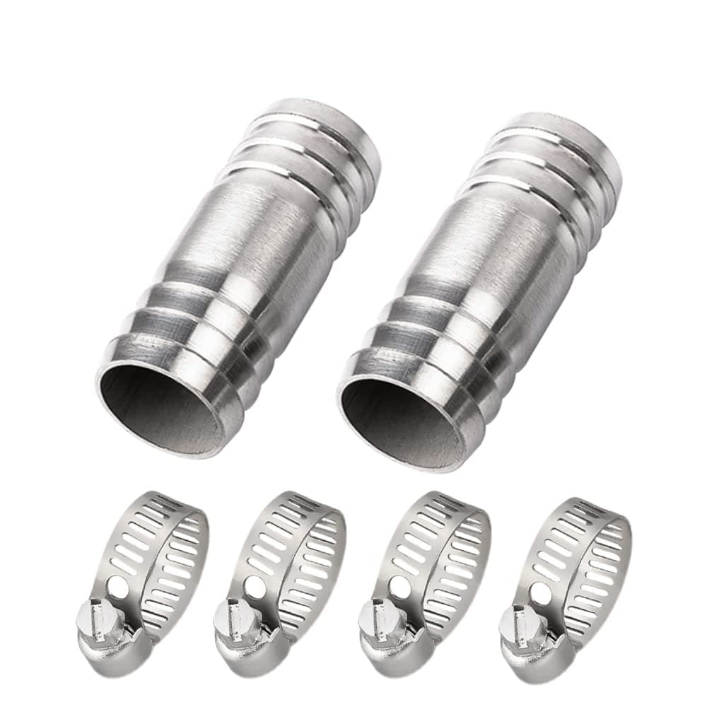 Stainless Steel 304 Hose Barb Union 1" x 1" Barbed Coupler W/Hose Clamp 2pc