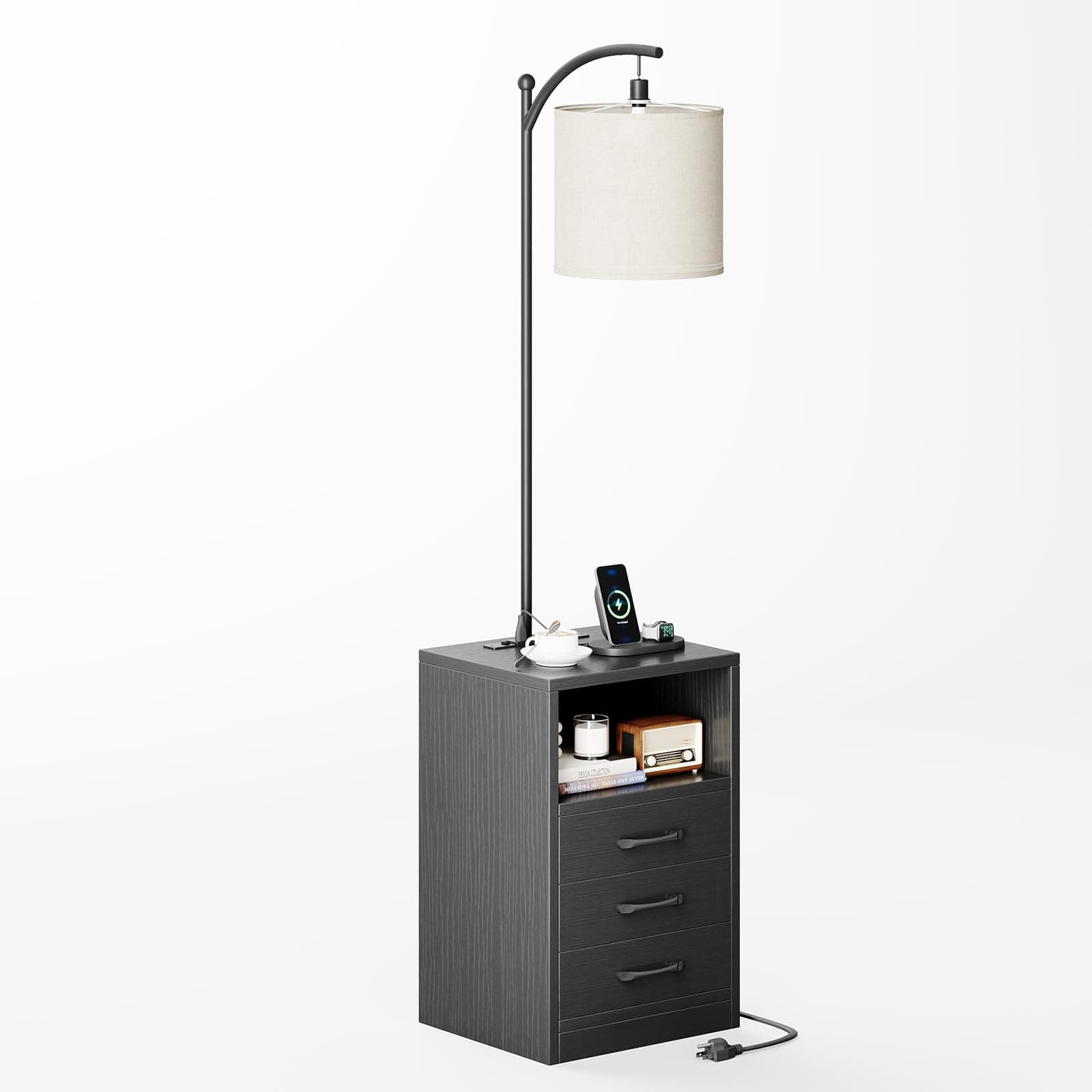 WEMANER Nightstand with Charge Station, Wooden Bedside Table with 3 Drawers, Side Table, End Table for Bedroom, Living Room, Black