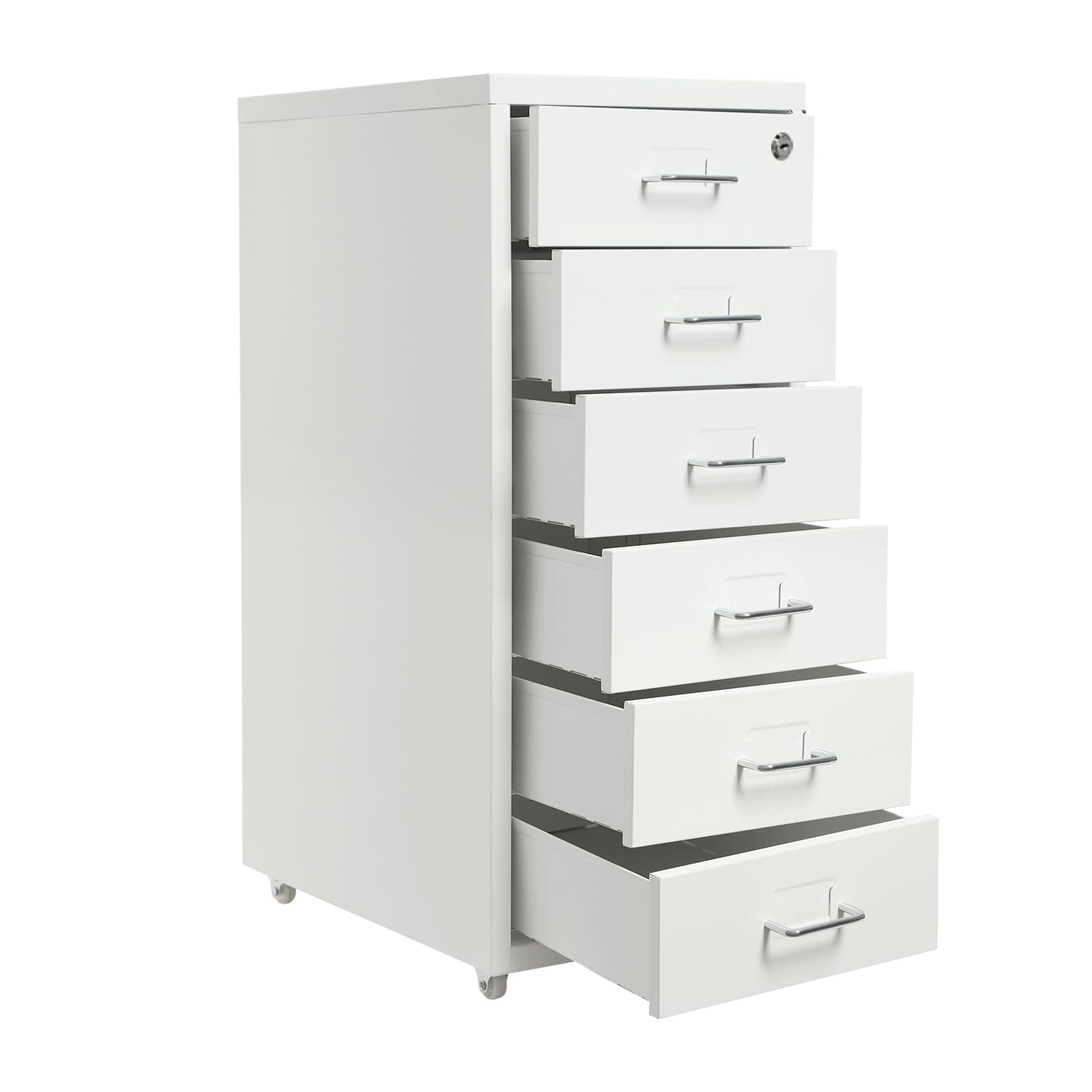 6-Drawer Office Storage File Cabinet on Wheels, Moveable Filing Cabinet Printer Stand Under Desk Filing Drawer Unit, Craft Storage Organization for Home, Office, Assembly Required (White w/o Lock)