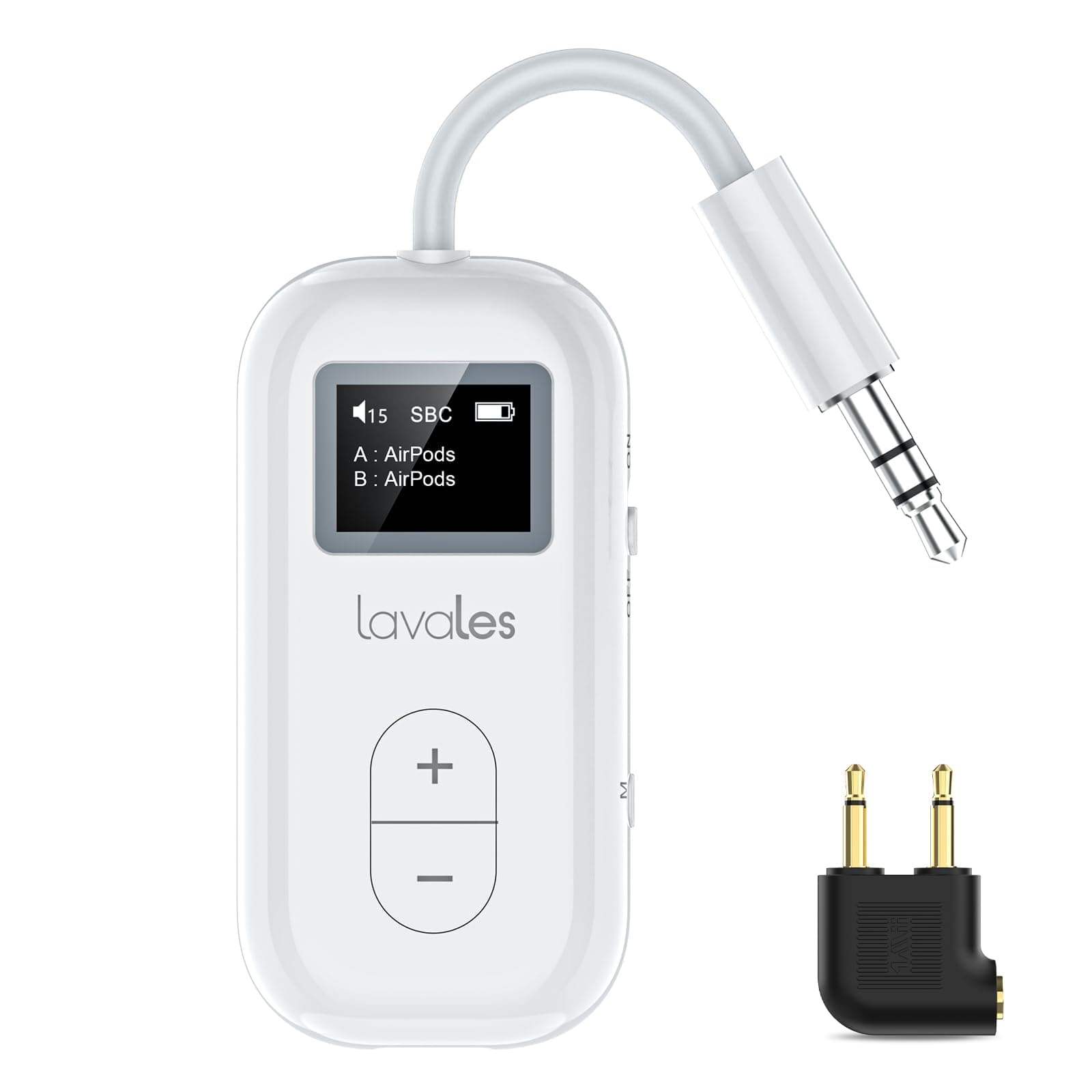 Lavales Bluetooth 5.3 Transmitter W/Screen for 2 Headphones, Wireless Audio Adapter Support aptX Low Latency/HD, 20H Battery Life, 3.5 mm Audio Jack for Airplanes, Gym, Projector, MP3 Player - White