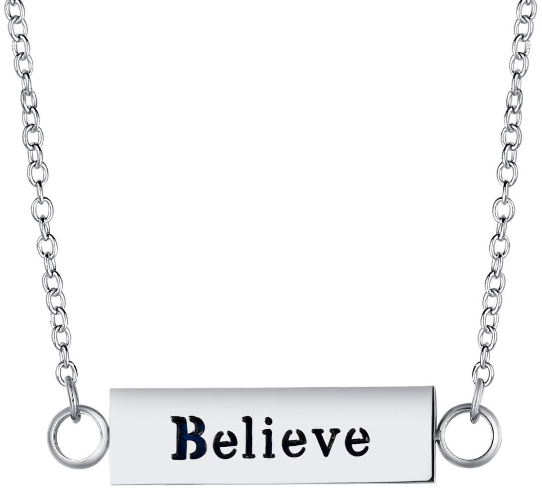 Wild Essentials "Believe" Essential Oil Diffuser Bar Necklace Gift Set - Includes Aromatherapy Pendant, 24" Stainless Steel Chain, 12 Color Refill Pads