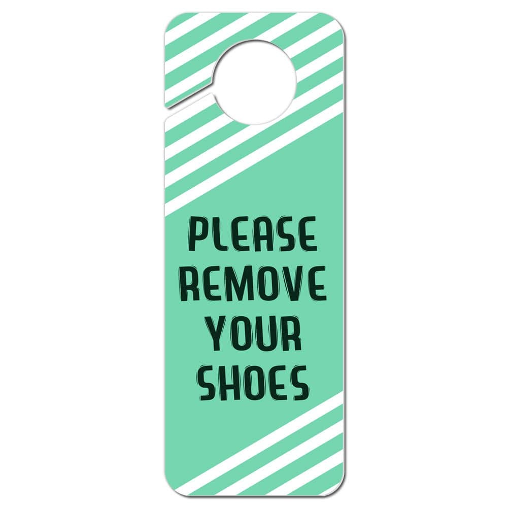Gráficos y más Please remove your shoes azul con rayas blancas de plástico tirador de puerta con texto en inglés
