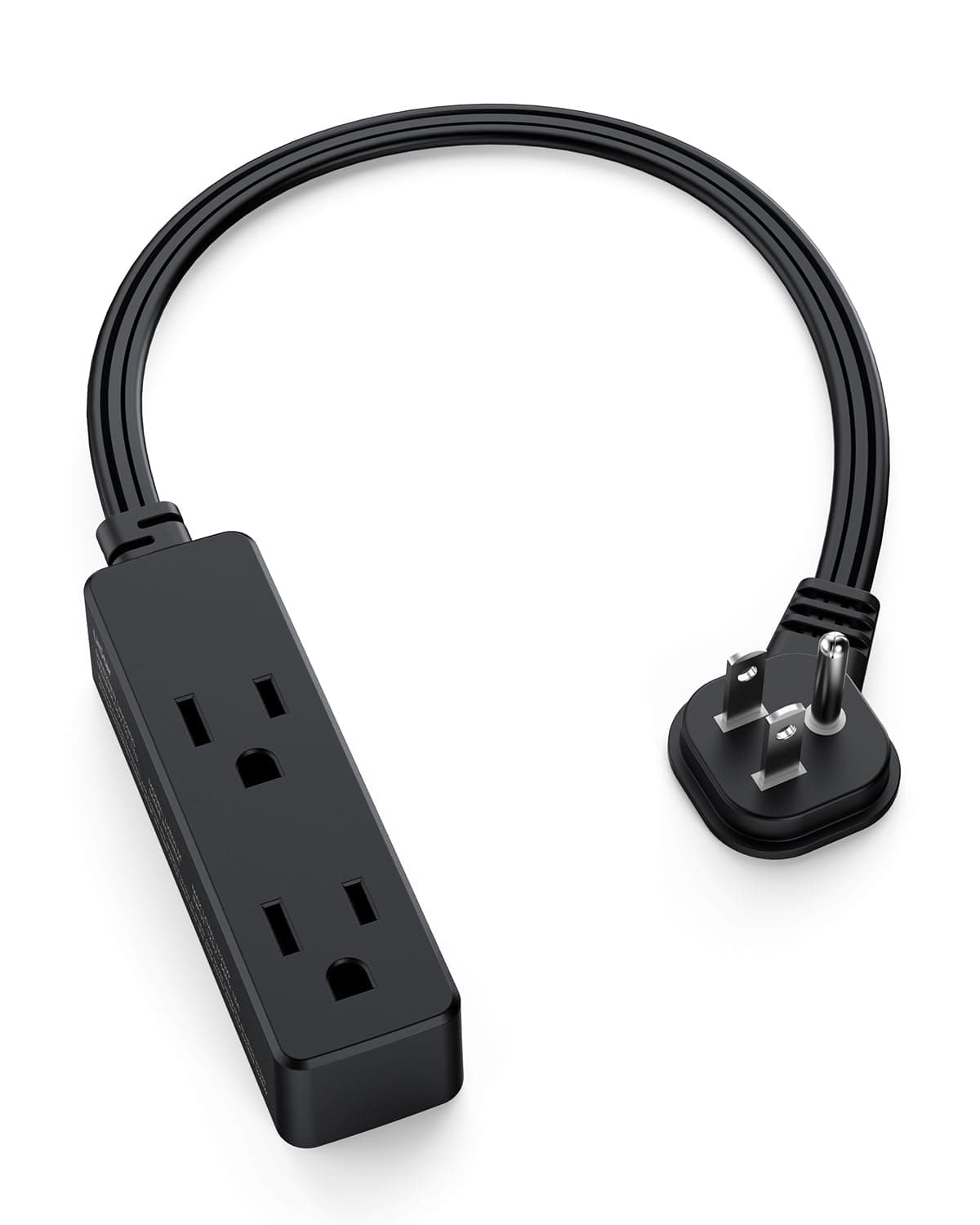 Flat Plug Extension Cord with 3 Outlets - 1Ft Low Profile Indoor 3 Prong Grounded Power Strip for Home Office & Travel - 16 AWG 13A/1625W, Black