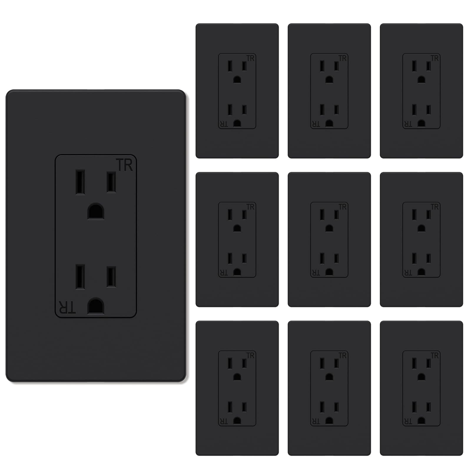 WEBANG 15 Amp Duplex Receptacle Decorator Wall Outlet, Screwless Electrical Outlet Plate Included, 15A 125V, 2 Pole 3 Wire,Self-Grounding, Tamper Resistant, ETL Listed, Matte Black, 10 Pack