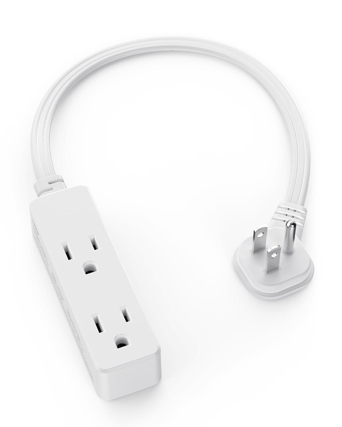 Flat Plug Extension Cord with 3 Outlets - 1 ft White Low Profile Indoor 3 Prong Grounded Power Strip for Home Office & Travel - 16/3 AWG, 13A/1625W