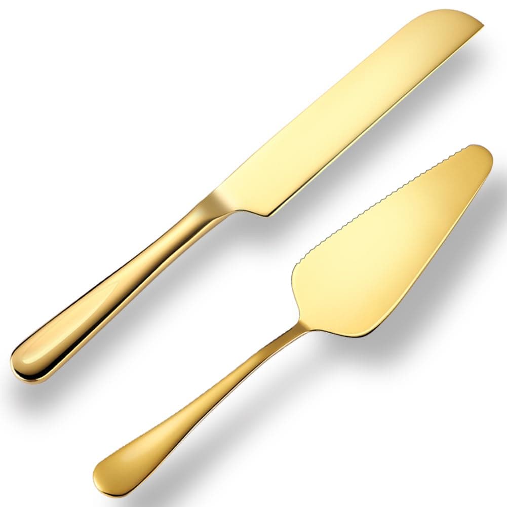 tiokin Wedding Cake Knife and Server Set Gold, 2Pcs Cake Cutting Set for Wedding 10.63" Cake Cutter and 9.06" Cake Server Perfect for Wedding, Christmas, Birthday and Events, Dishwasher Safe
