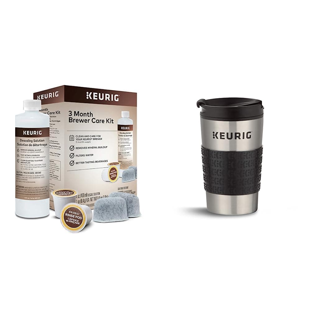 Keurig 3-Month Brewer Maintenance Kit, 7 Count & Travel Mug Fits K-Cup Pod Coffee Maker, 1 Count (Pack of 1), Stainless Steel