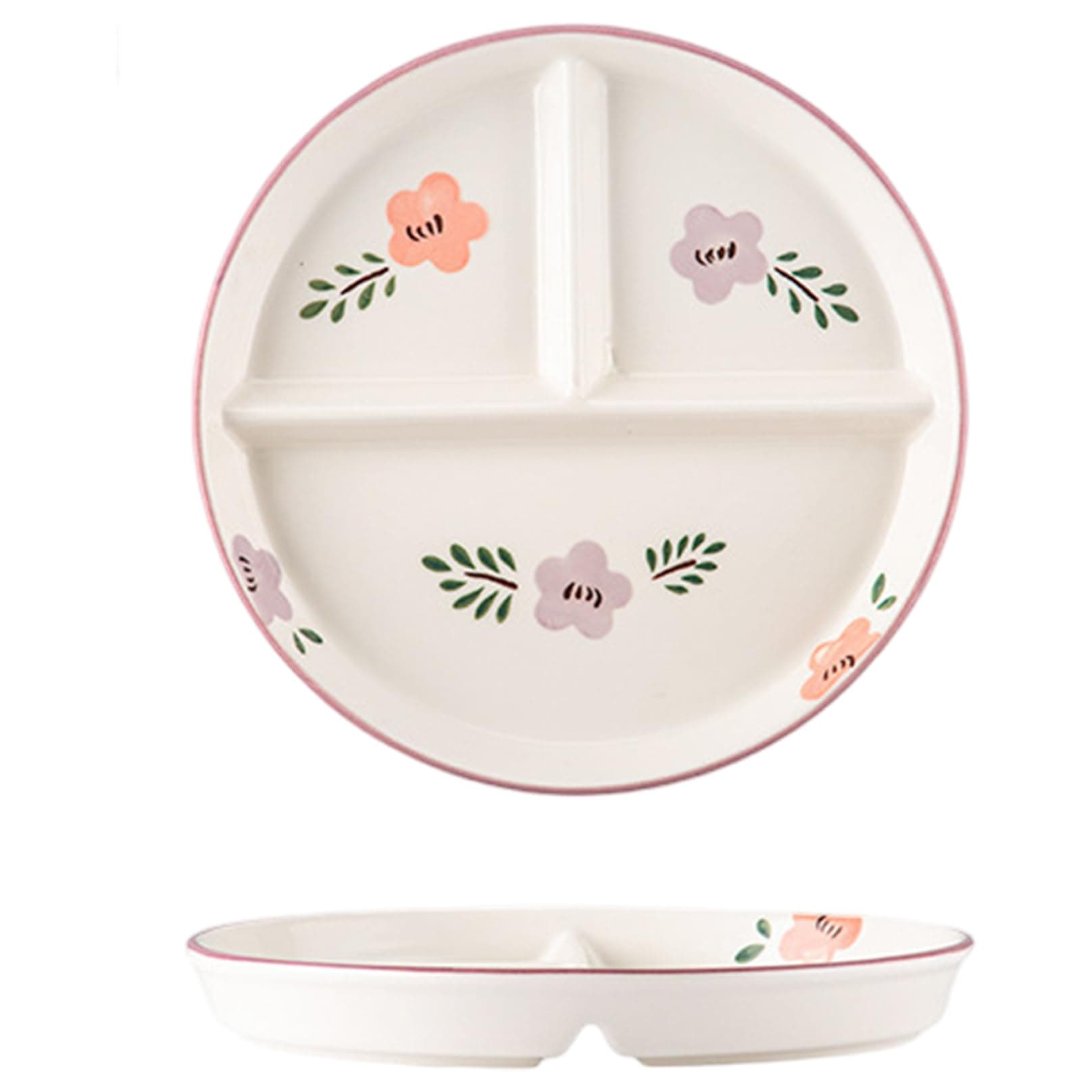 Divided Plates 8x1 Floral Pattern Round Ceramic 3 Compartment Plates for Kids & Adults for Portion Control at Home, School, Kindergarten Portion Control Plate