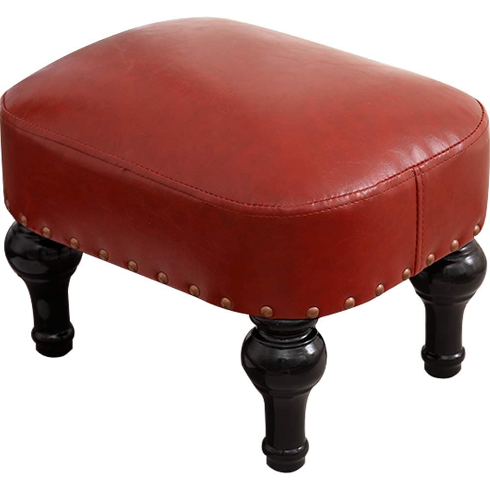 Kelendle Small Foot Stool for Living Room Brown Leather Stool Vintage Upholstered Footrest Rubber Wooden Foot Rest Stool Sofa Stool for Foot Rest Red