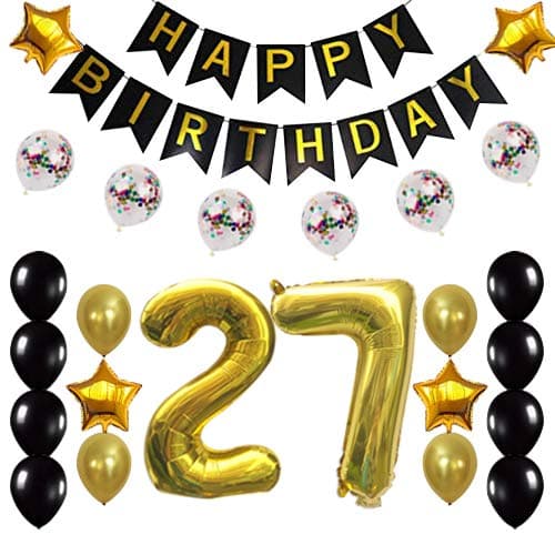 27th Birthday Decorations Party Supplies Happy 27th Birthday Confetti Balloons Banner and 27 Number Sets for 27 Years Old Party(Gold)
