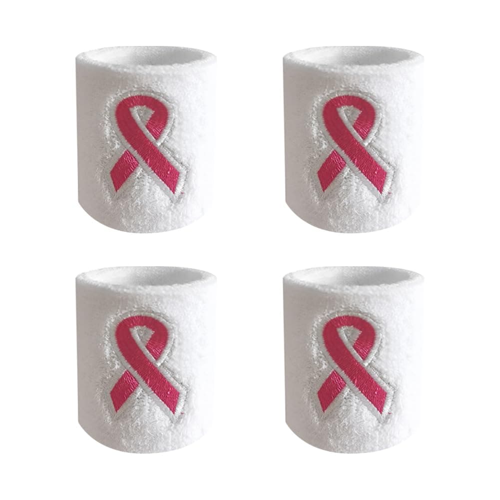 UUYYEO 4 Pcs Breast Cancer Awareness Ribbon Wristbands Stretchy Sport Wristbands Athletic Sweat Wristbands Basketball Tennis Wrist Bands Workout Wrist Support Bands White