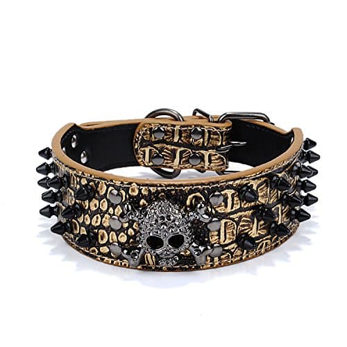 2" Wide Spiked Dog Collars, Leather Dog Collars for Large Medium Dogs, Pit Bull Mastiff Rottweiler,Pitbull,Labrador, Boxer (S:15-18", Gold Brown-1)