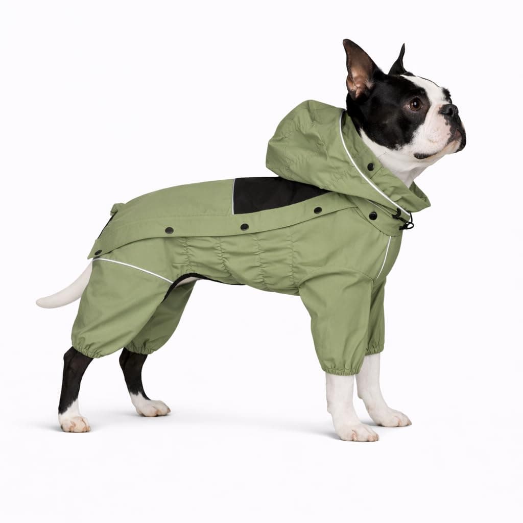 LOVELONGLONG Waterproof Dog Raincoat with Removable Hood – Outdoor Full Body Dog Jacket, Windproof Snowproof Shell Suit – All Season Pet Rain Gear Sage Green M