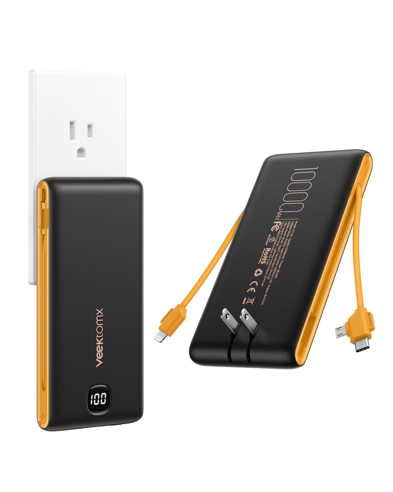 VEEKTOMX 10000mAh Power Bank with Foldable Wall Plug & Built-in Cables — 15W All-in-One Portable Charger for iPhone 16/15/14, Samsung, iPad — Travel Battery Pack