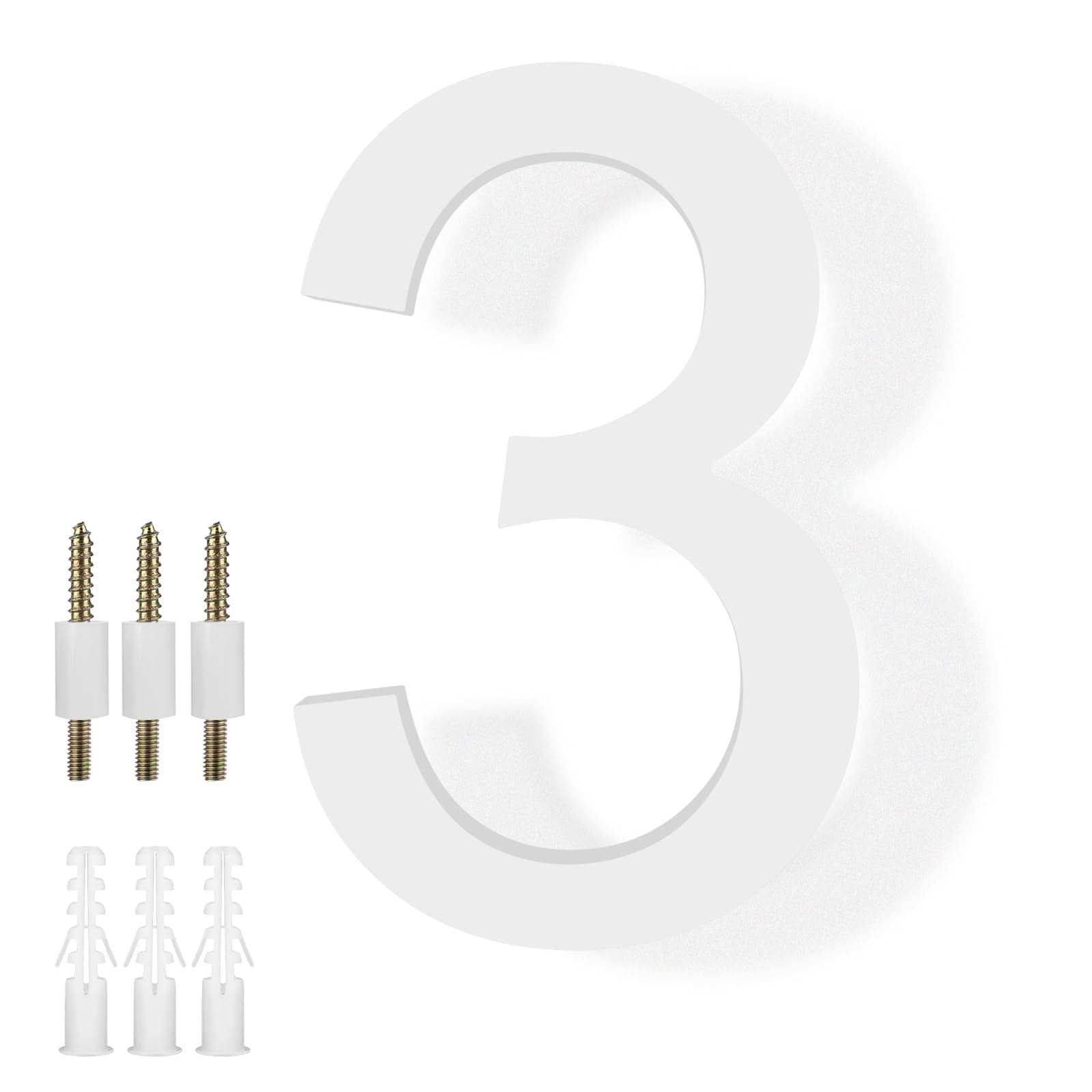 DEWEL 8 Inch House Numbers, Modern Address Numbers For House, Large Floating House Number, Address House Number Sign with Nail Kits for Visibility Signage, White (House Number 3)