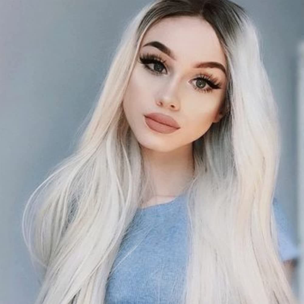 Angle Lucky Omber Blonde Wig for Women Long Straight #60 Blonde Omber Dark Root Glueless Wigs Heat Resistant Fiber Synthetic Lace Front Wig for Cosplay Daily Use 24inch