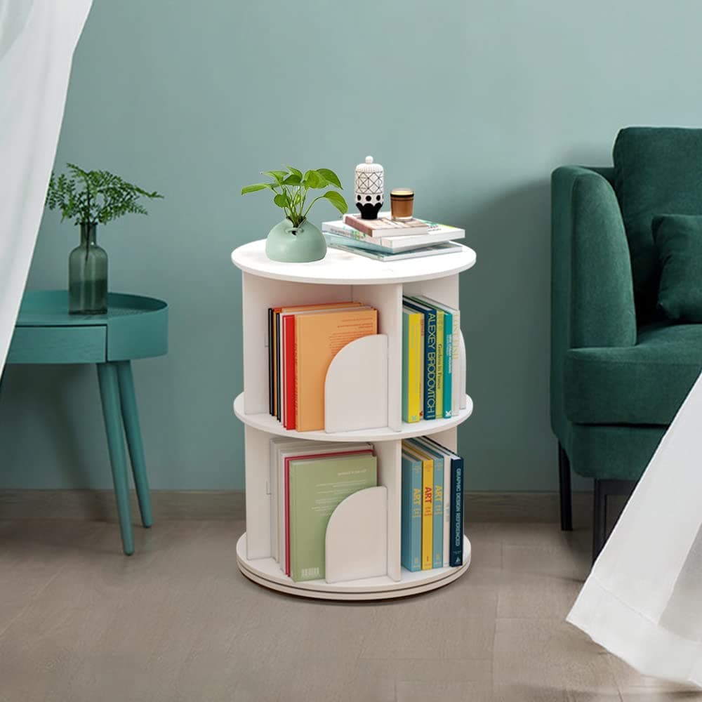Rotating Bookshelf 360° Display 2 Tier Floor Standing Bookcase Storage Rack &Adults Solid Wood Bookshelf Organizer for Living Room, Bedroom, Study, Office（White）