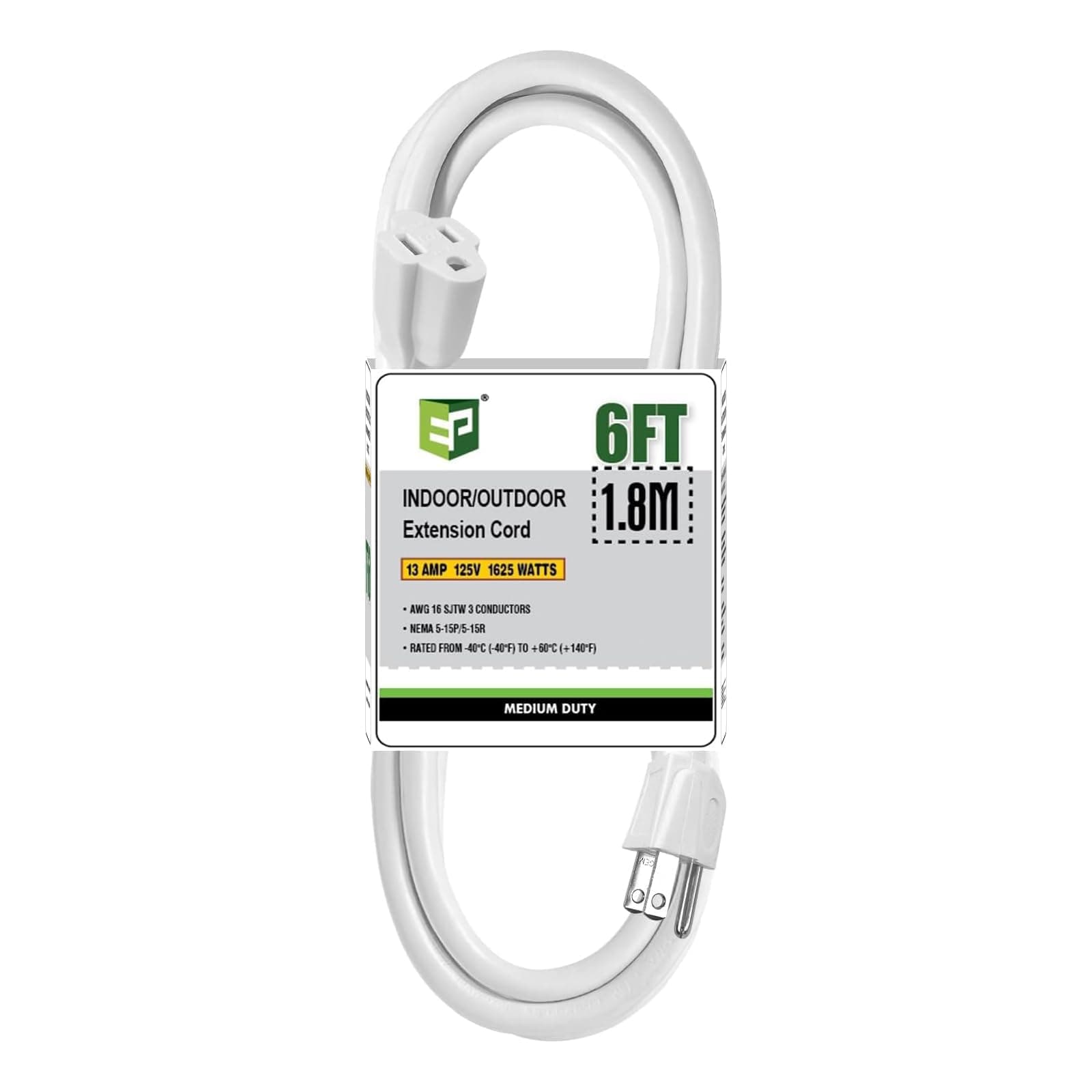 EP 6 Ft Outdoor Extension Cord - 16/3 SJTW Durable White Electrical Cable with 3 Prong Grounded Plug, UL Listed