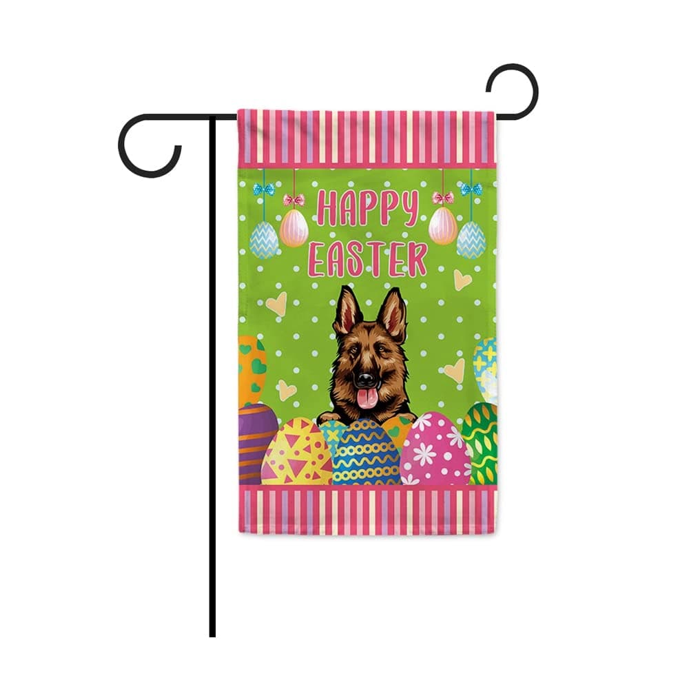 MALIHONG Happy Esater German Shepherd Dog Spring Garden Flag Colorful Easter Eggs 12.5x18 Inch Double Sided Small Flag Outdoor Farmhouse Yard Decor Banner