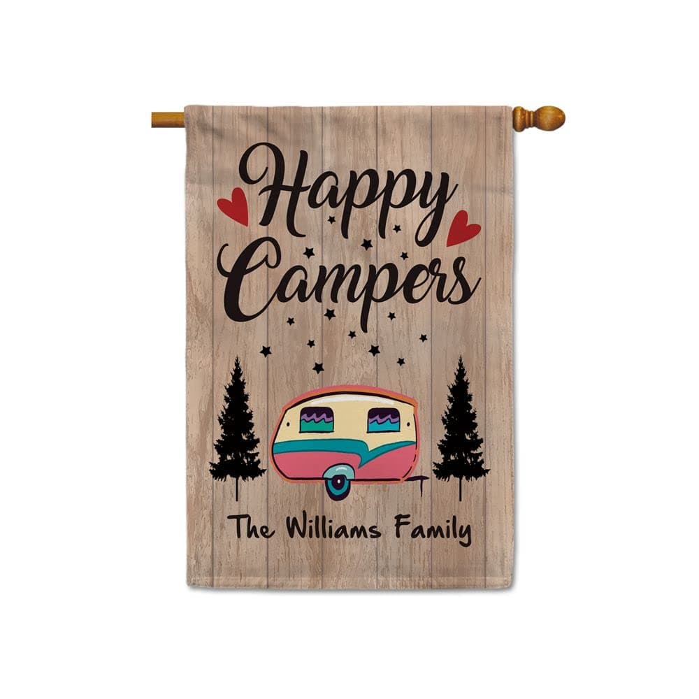 MALIHONG Happy Campers Personalized House Flag Making Memory Enjoy Your Glamping Trailer Travel Wooden Background Banner for Outside Decor 28x40 Inch Print Double Sided