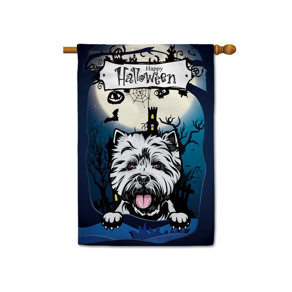 MALIHONG Hapyy Halloween Dog House Flag Dog West Highland White Terrier 28"x40" Large Flag Yard Outdoor Decor Dark Night Moon Pumpkin Holiday Home Outside Decoration