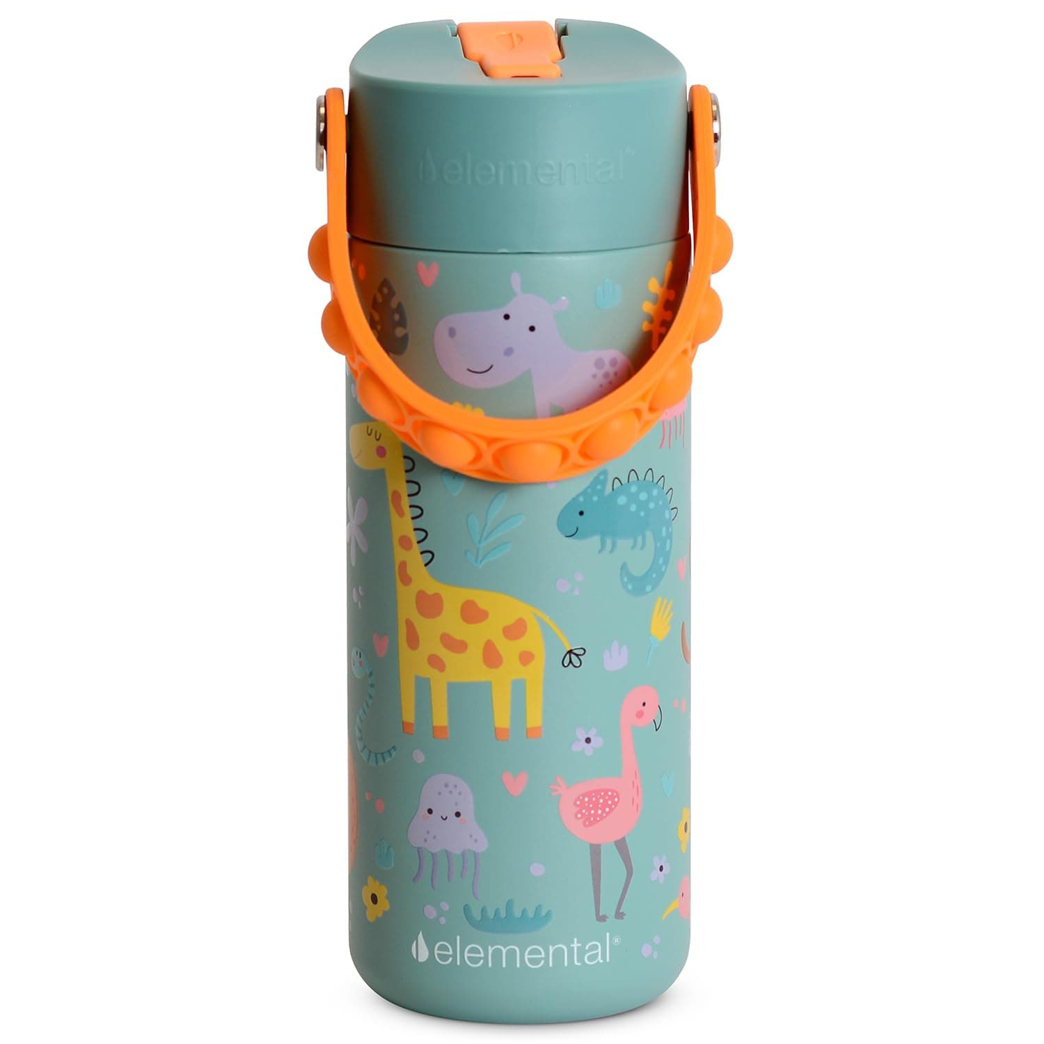 Elemental 100% Leak Proof Insulated Kids Water Bottle, Stainless Steel Water Bottle for School with Straw Lid & Stress Reliever Pop-It Handle, Travelling and Sports, 18oz - Safari